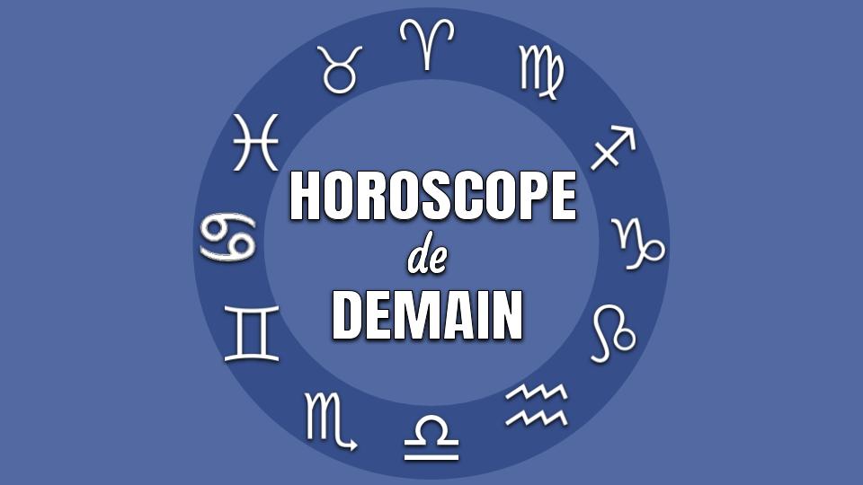 Sur un fond bleu, les symboles des signes du zodiaque entourent le titre : l'horoscope de demain