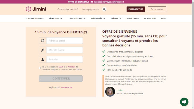 La page d'inscription du site Jimini.fr pour bénéficier d'une voyance gratuite