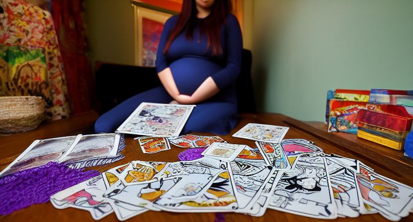 Un jeu de tarot éparpillé au premier plan et une femme enceinte à l'arrière-plan