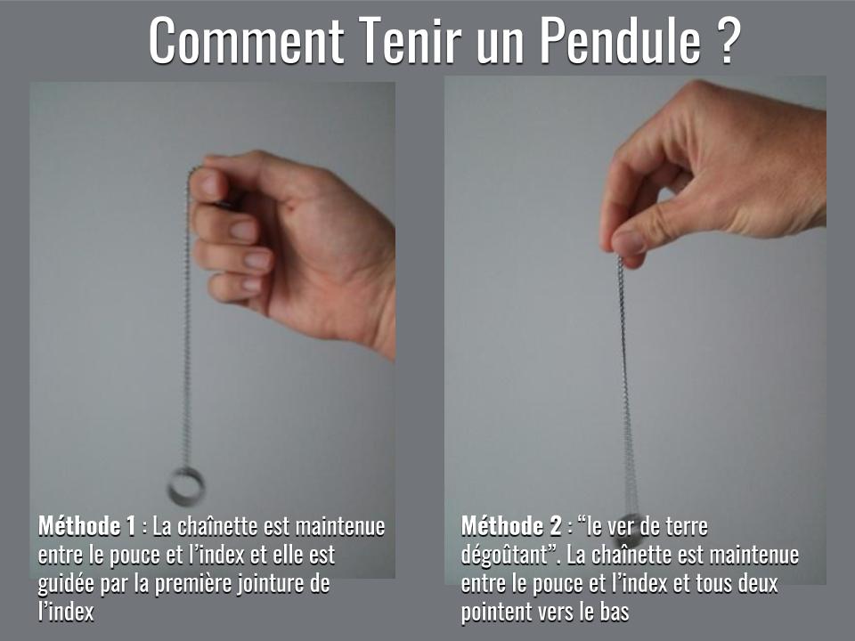 2 photos de mains tenant des pendules pour montrer les 2 manières correctes de tenir un pendule